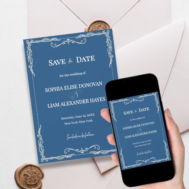 Reserva La Fecha Boda elegante de corbata negra azul polvoriento (Dusty Blue Elegant Save the Date Card Classic Black Tie Wedding Announcement)