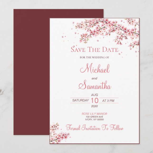 Reserva La Fecha Boda elegante de flor de cerezo (Anverso / Reverso)