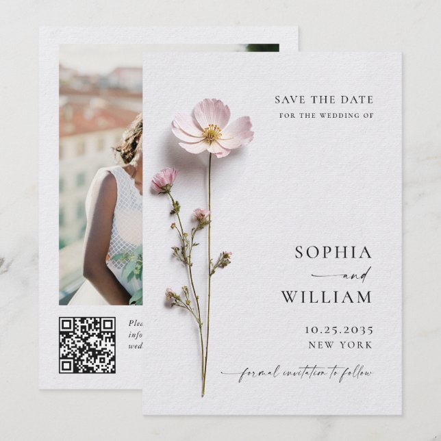 Reserva La Fecha Boda elegante de flores de Boho pastel presionado (Anverso / Reverso)