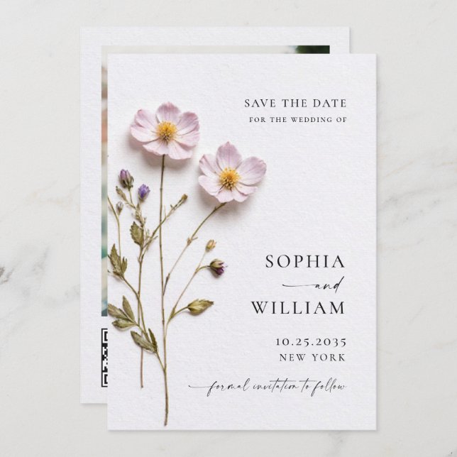 Reserva La Fecha Boda elegante de flores de Boho pastel presionado (Anverso / Reverso)