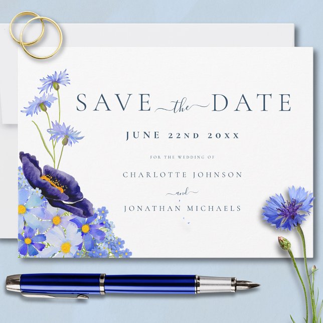 Reserva La Fecha Boda Elegante de Flores Silvestres (Elegant wildflower blue wedding save the date invitation )