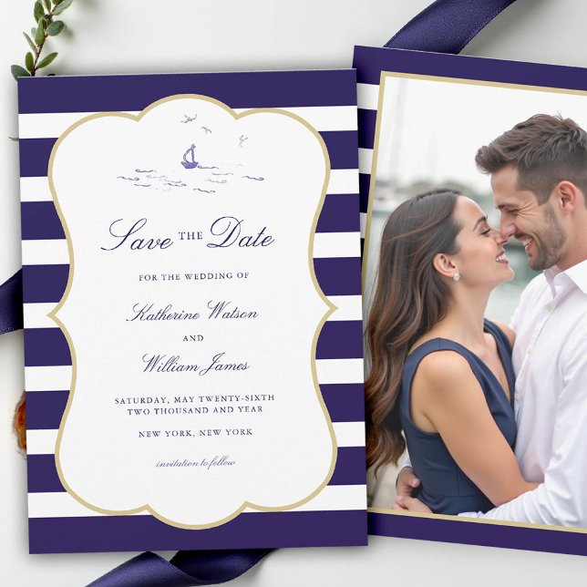 Reserva La Fecha Boda elegante de fotografía de la banda costera de (nautical coastal wedding save the date photo beach yacht boat sailing stripes elegant frame)