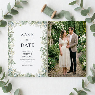 Reserva La Fecha Boda elegante de greenery con acuarela y foto