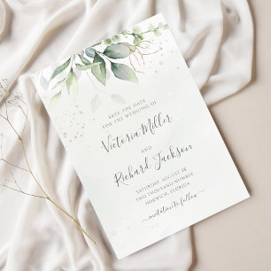 Reserva La Fecha Boda elegante de hojas de eucalipto verde dorado