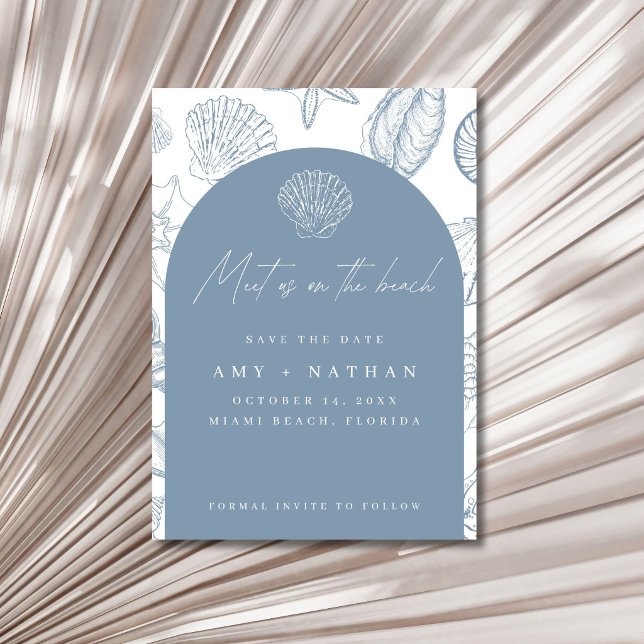 Reserva La Fecha Boda elegante de playa con conchas marinas azules (Elegant Blue Seashell Beach Wedding Save the Date)