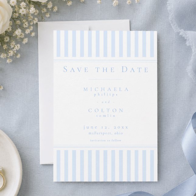 Reserva La Fecha Boda elegante de raya azul clásica (Elegant Classic Blue Stripe Wedding Save The Date)