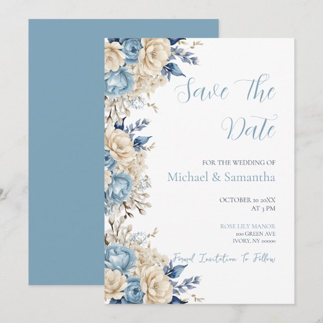 Reserva La Fecha Boda elegante de rosa azul y marfil (Anverso / Reverso)