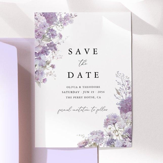 Reserva La Fecha Boda elegante floral de lavanda Guarda la fecha (Lavender floral save the date card with watercolor hydrangea, elegant lilac wedding stationery)