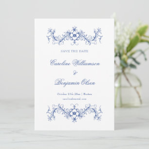Reserva La Fecha Boda elegante floral francesa azul y blanca