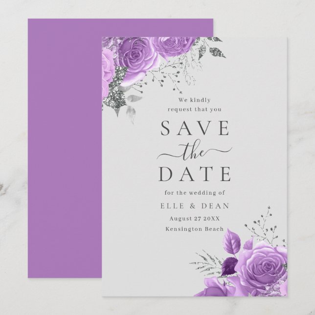 Reserva La Fecha Boda elegante floral lavanda púrpura y plata (Anverso / Reverso)