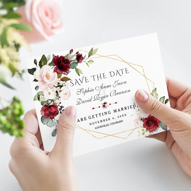 Reserva La Fecha Boda Elegante Marco Dorado Floral Tono Burdeos (Subido por el creador)