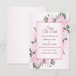 Reserva La Fecha Boda elegante marco floral rosa hojas verdes