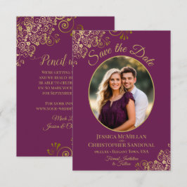 Reserva La Fecha Boda elegante ovalada foto oro y magenta púrpura