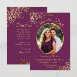Reserva La Fecha Boda elegante ovalada foto oro y magenta púrpura
