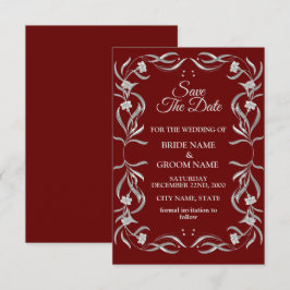 Reserva La Fecha Boda elegante roja con patrón floral plateado vint