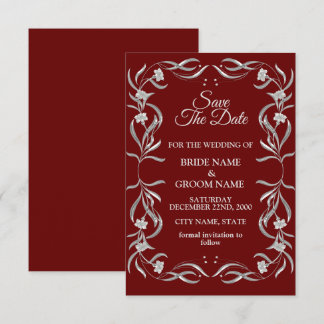Reserva La Fecha Boda elegante roja con patrón floral plateado vint