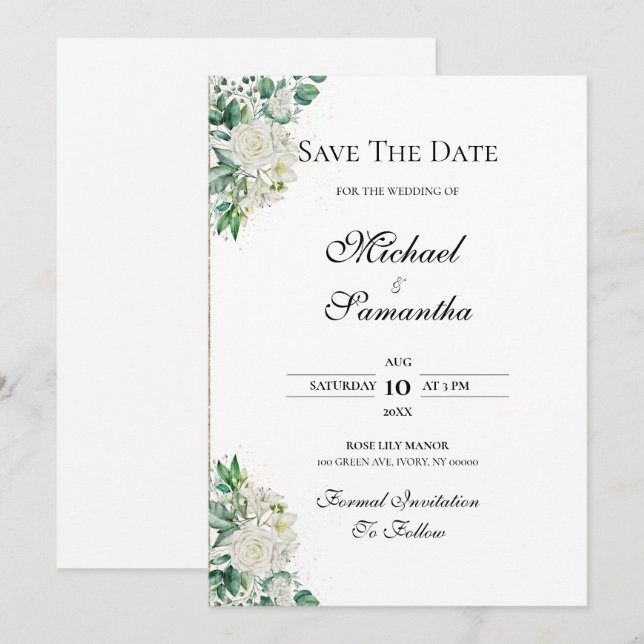 Reserva La Fecha Boda Elegante Rosa Blanca y Lilies (Anverso / Reverso)