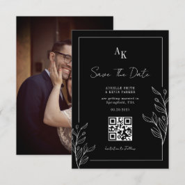 Reserva La Fecha Boda Elegante Rústica Floral Negra con QR Foto
