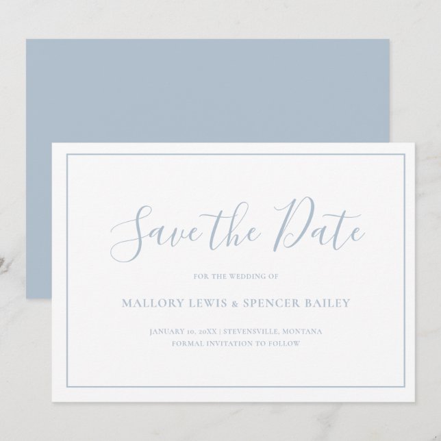 Reserva La Fecha Boda elegante tradicional azul polvoriento (Anverso / Reverso)