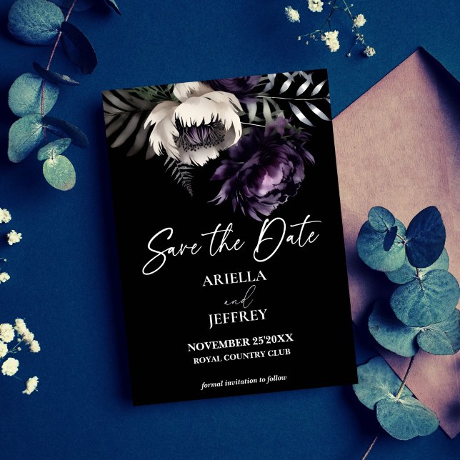 Reserva La Fecha Boda elegante y oscura de Moody Boho (Dark moody boho elegant purple peonies wedding save the date card editable template digital download)