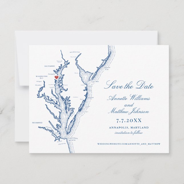 Reserva La Fecha Boda en Annapolis Maryland Elegante Mapa Azul Mari (Anverso)
