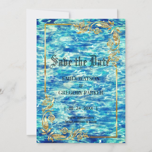 Reserva La Fecha Boda en la piscina, marco dorado (Anverso)