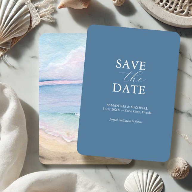 Reserva La Fecha Boda en la Playa Aquarela Guardar la Fecha (beach wedding save the dates watercolor ocean art by Victoria Grigaliunas of Do Tell A Belle)