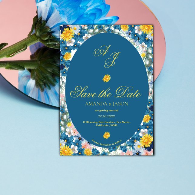 Reserva La Fecha Boda en Monograma Floral Amarillo Azul Guardar la  (Yellow Blue Floral Monogram Wedding Save the Date Invitation)