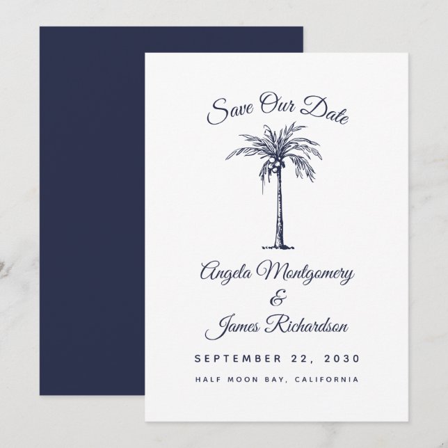 Reserva La Fecha Boda en Palm Beach en azul marino moderno - Guarda (Anverso / Reverso)