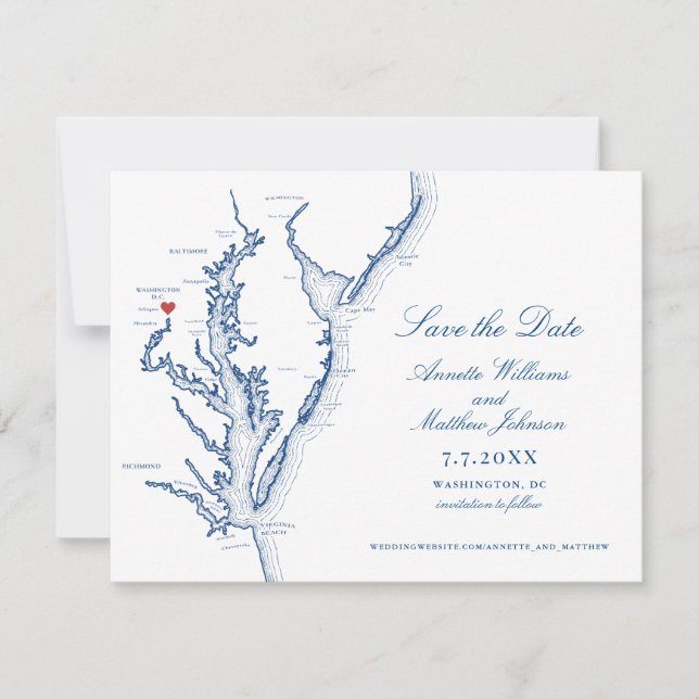 Reserva La Fecha Boda en Washington DC Mapa Elegante de Azul Marino (Anverso)
