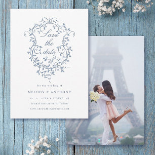 Reserva La Fecha Boda Escudo de Floral Azul clásica francesa