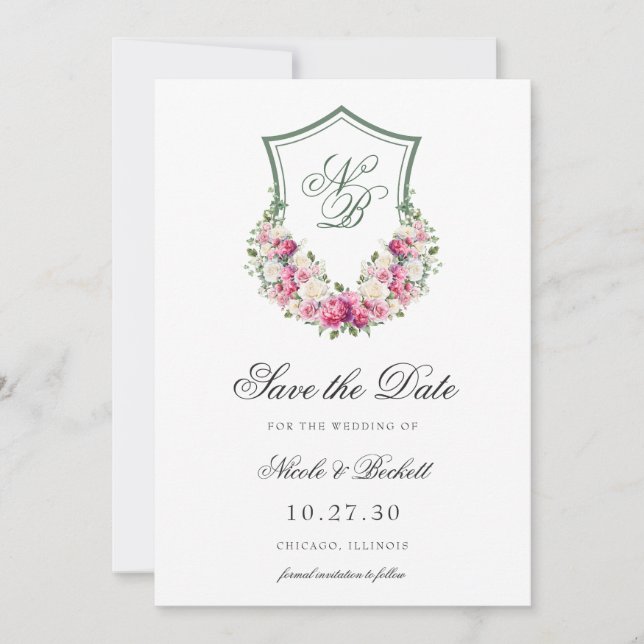 Reserva La Fecha Boda Escudo Floral Rosa (Anverso)