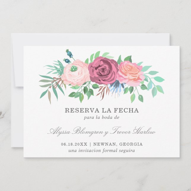 Reserva La Fecha Boda español elegante con flores rosadas (Anverso)