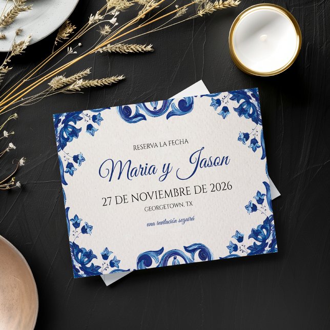 Reserva La Fecha Boda Española Fiesta Elegante Floral Azul (Blue Floral Elegant Fiesta Spanish Wedding Save The Date)