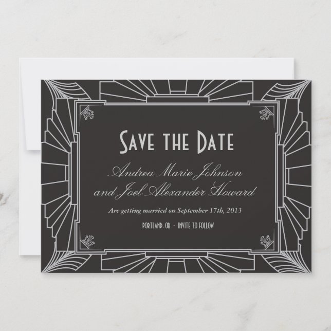 Reserva La Fecha Boda estilo Art Deco, Save the Date (plata) (Anverso)