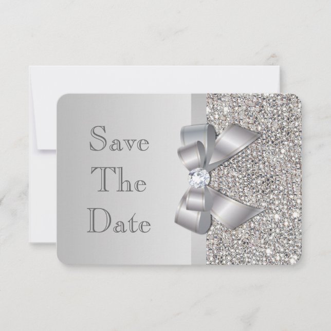 Reserva La Fecha Boda Faux Silver Sequins Bow Save The Date (Anverso)
