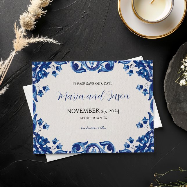 Reserva La Fecha Boda Fiesta elegante de Floral Azul Mexicana (Mexican Blue Floral Elegant Fiesta Wedding Save The Date)