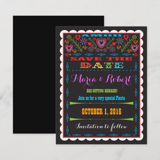 Reserva La Fecha Boda Fiesta Mexicana Papel Picado Guardar la fecha (Anverso / Reverso)