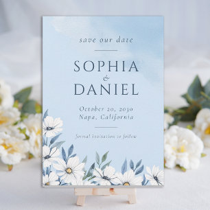 Reserva La Fecha Boda Floral Acuarela Azul Polvo Blanco 