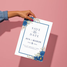 Reserva La Fecha Boda floral acuarela azul vintage