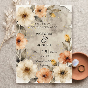 Reserva La Fecha Boda Floral Acuarela Boho Sepia Malhumorada Dorada