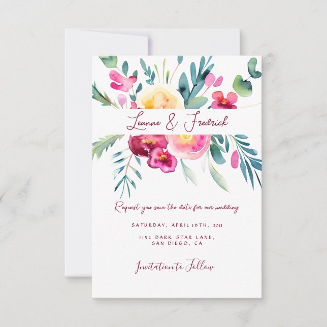 Reserva La Fecha Boda floral acuarela rosa y fucsia personalizada (Anverso)