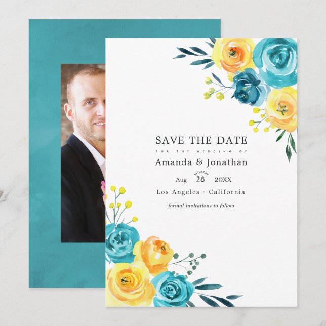 Reserva La Fecha Boda floral acuarela turquesa y amarillo (Anverso / Reverso)