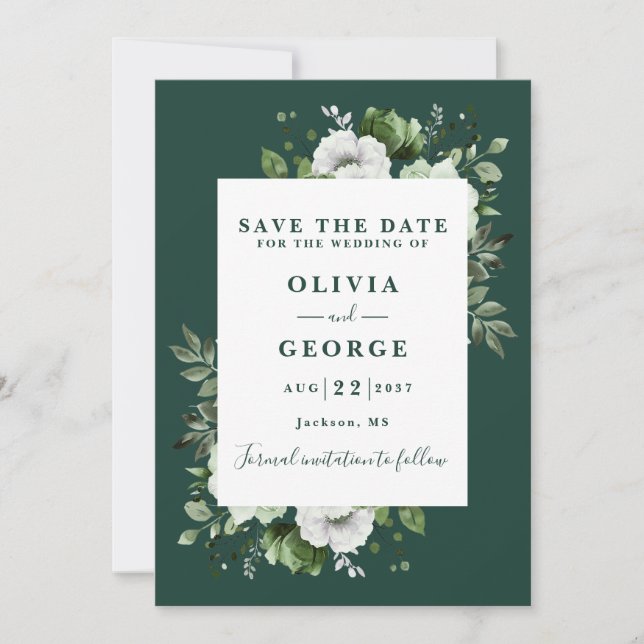 Reserva La Fecha Boda floral acuarela verde esmeralda moderna (Anverso)