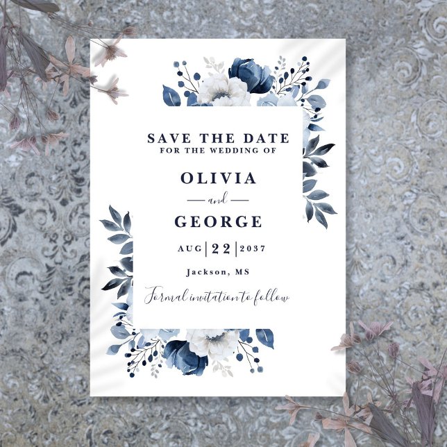 Reserva La Fecha Boda floral acuático moderno azul marino (Navy Blue Modern Watercolor Floral Wedding Save The Date)