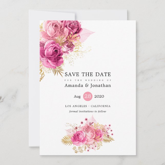 Reserva La Fecha Boda floral acuático rosa y dorado (Anverso)