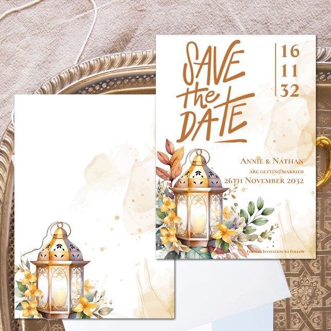 Reserva La Fecha Boda floral amarilla de otoño salva la fecha (Yellow Floral Lantern Fall Wedding Save the Date Invitation)