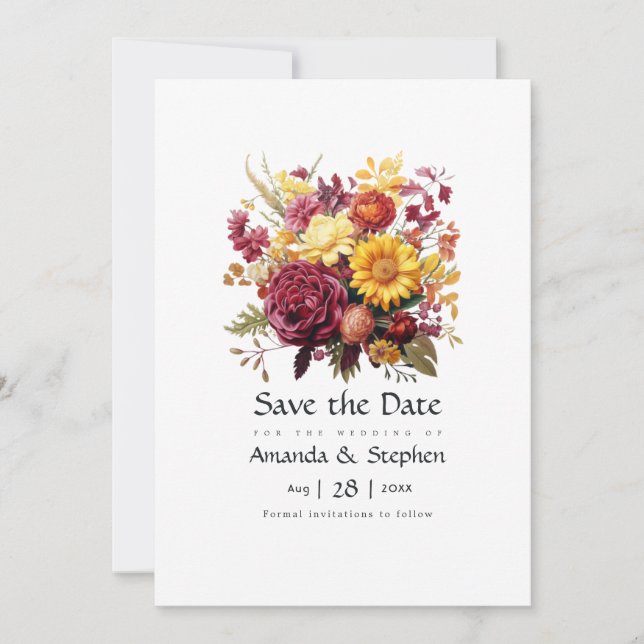Reserva La Fecha Boda floral amarillo y marrón (Anverso)