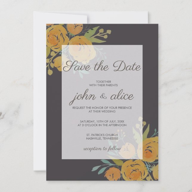 Reserva La Fecha Boda floral amarillo y marrón (Anverso)