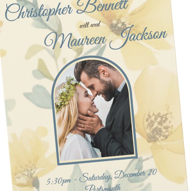 Reserva La Fecha Boda floral azul amarillo blanda amarillo de mante (Close up of Save the Date Butter Yellow & Pale Blue Floral Wedding)